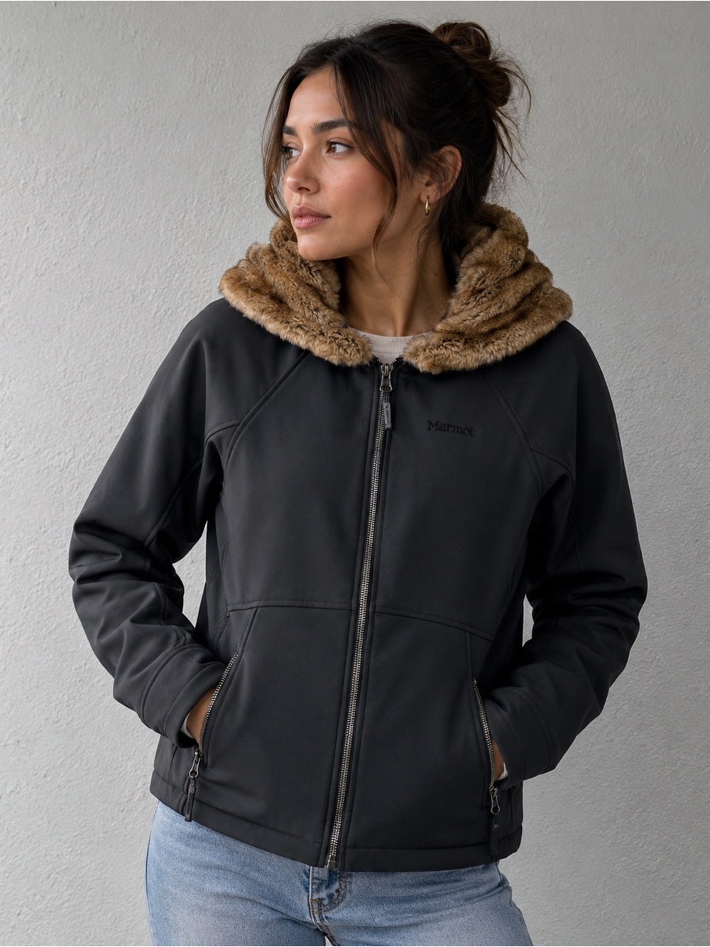 Marmot Women's Black Jacket with Faux-Fur Trimmed Hood size S